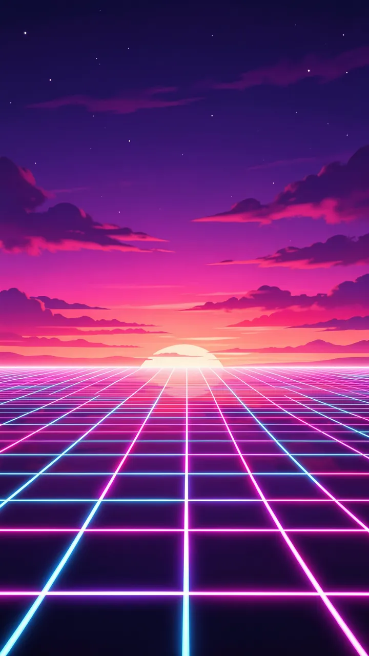 Neon glowing retro grid stretches toward a synthwave style sunset under a starry gradient sky