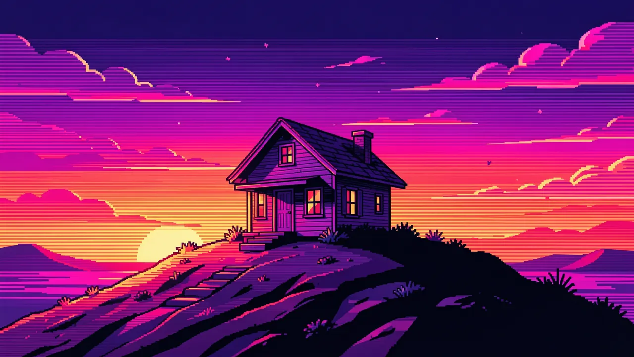Pixel art retro synthwave illustration of a lone cottage sitting on a hill beneath a vibrant neon gradient sunset sky