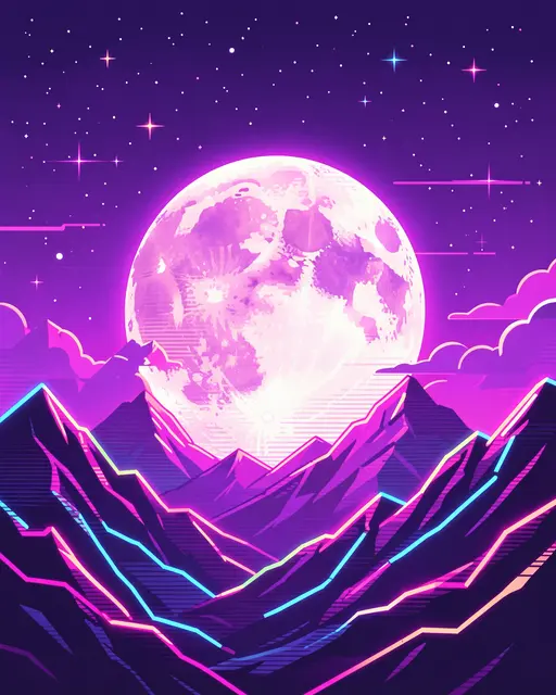 A glowing full moon rises above neon outlined mountains under a starry violet synthwave sky