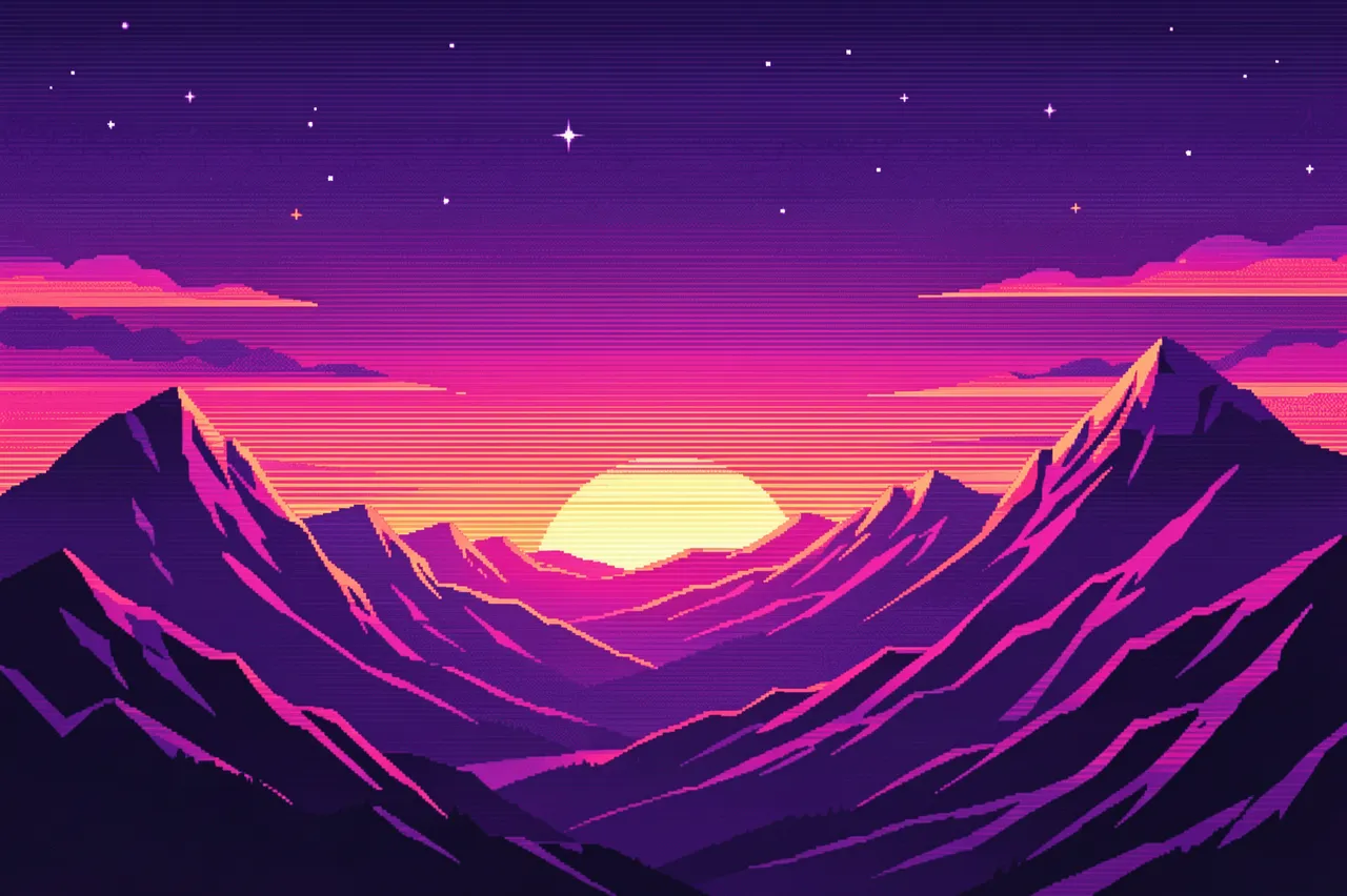 Pixel art synthwave style sunset rises behind purple mountain ranges under a starry gradient sky