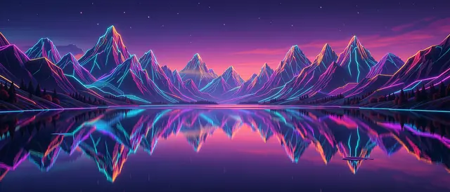 Retro synthwave neon outlined mountains reflect in a still calm lake under a dusk starry sky