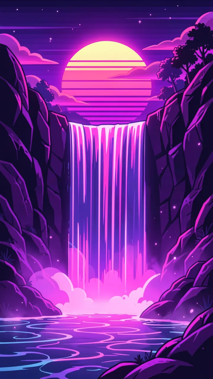Vertical retro synthwave illustration of a glowing violet waterfall beneath a setting neon sun