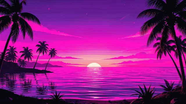 Retro synthwave style sunset over calm ocean with dark palm silhouettes against a glowing magenta and purple sky