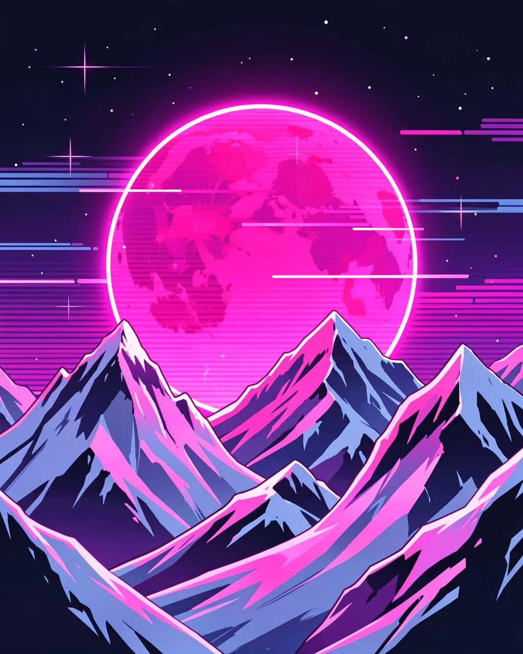 A glowing neon pink moon sits above sharp snowy mountain peaks in a retro synthwave night sky