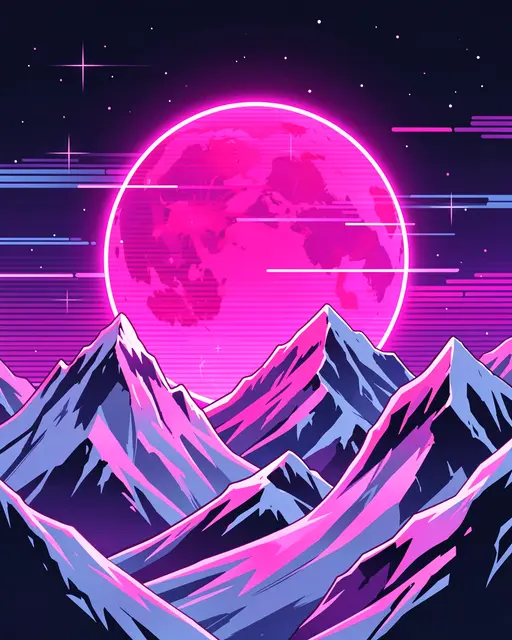 A glowing neon pink moon sits above sharp snowy mountain peaks in a retro synthwave night sky