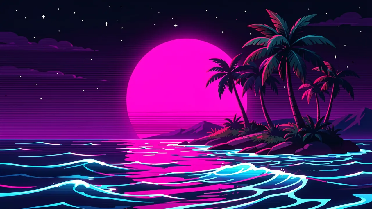 A retro synthwave illustration of a tropical island with palm trees, glowing turquoise waves, and a large bright pink