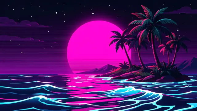 A retro synthwave illustration of a tropical island with palm trees, glowing turquoise waves, and a large bright pink