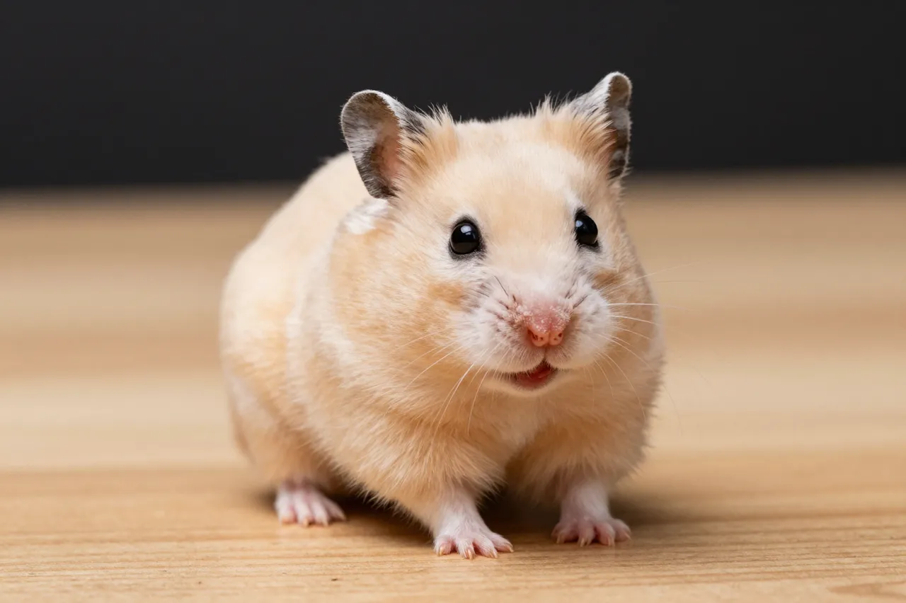 A fluffy light golden Syrian hamster sits facing forward on a light wooden tabletop against a dark blurred background.