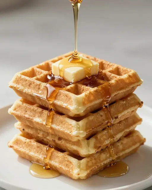 Golden syrup pours over a stack of buttery waffles resting on a white plate in soft morning light.