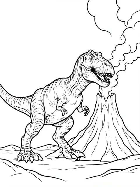 Black and white line art of a Tyrannosaurus rex beside a smoking volcano on barren ground