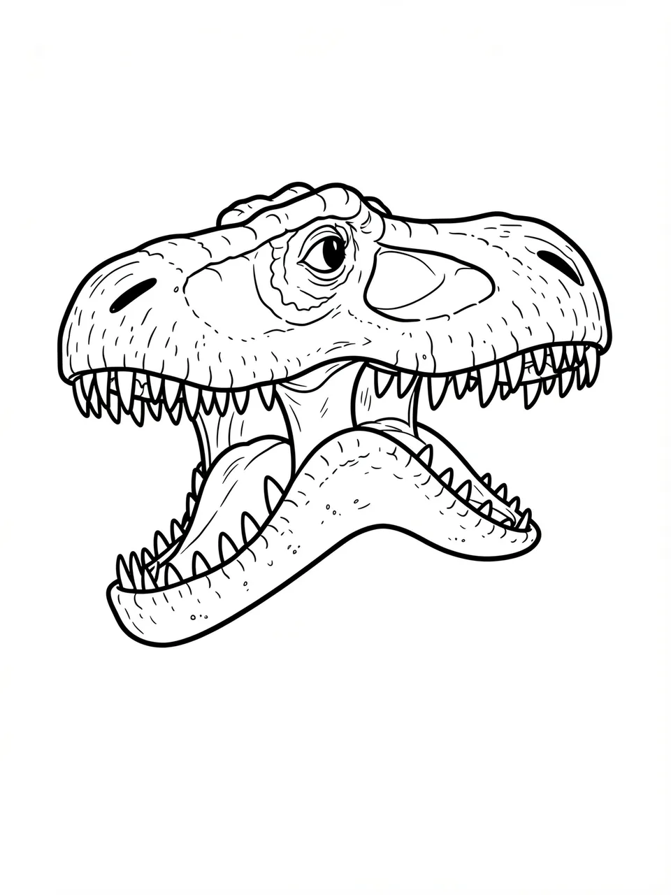 Bold black and white line drawing of a T. rex head with an open toothy mouth on a plain white background