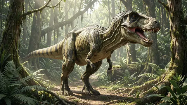 A Tyrannosaurus rex stands on a dirt path in a sun-dappled dense prehistoric forest