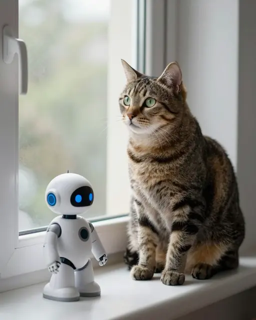 A tabby cat and small white toy robot sit side by side on a bright indoor windowsill looking outside