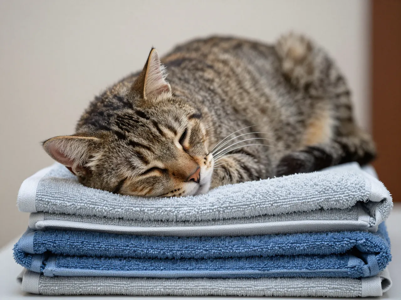 A sleepy tabby cat rests curled and napping on a neat stack of folded terry cloth towels.