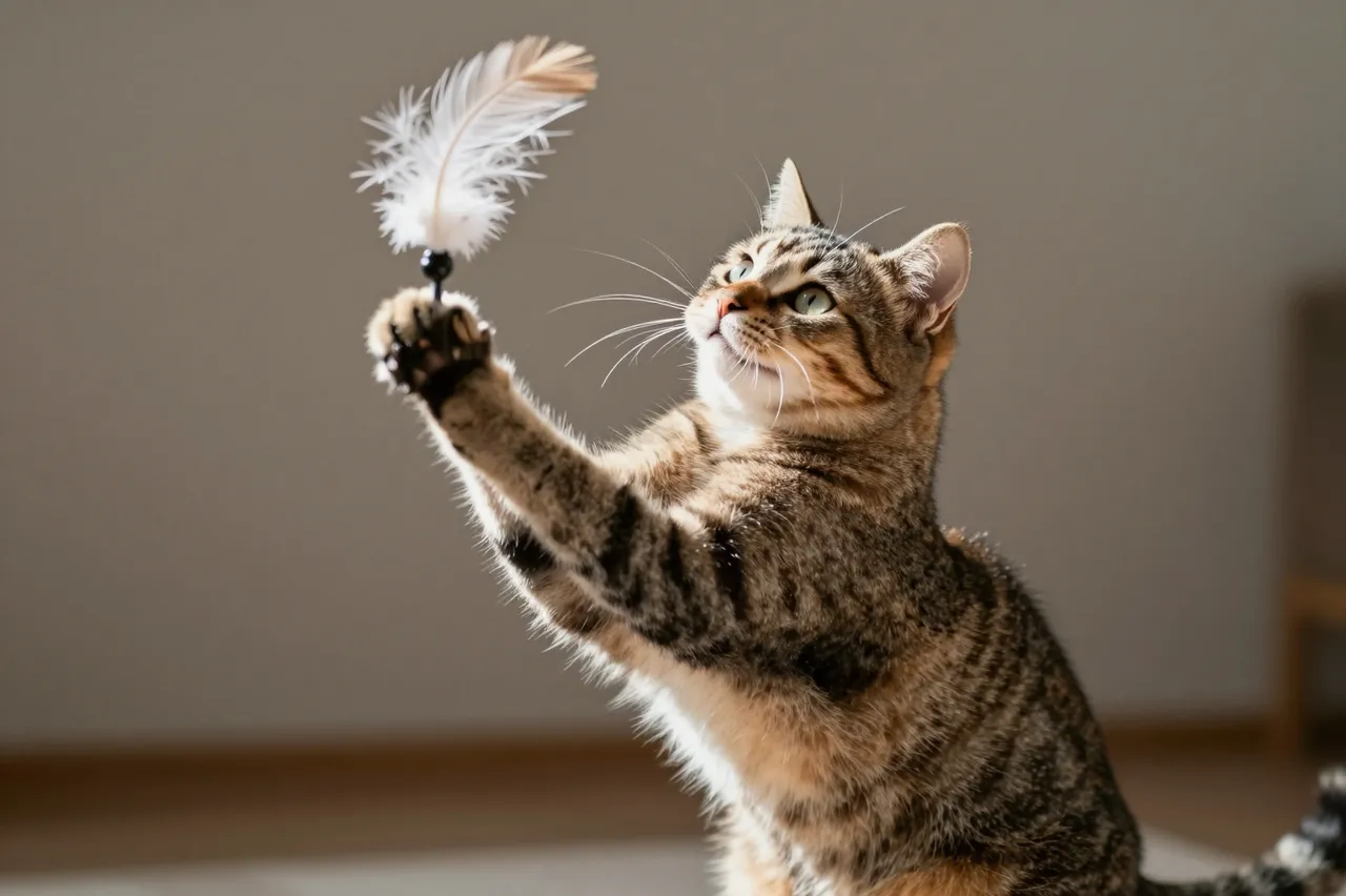 A tabby domestic cat stands on its hind legs batting at a feather cat toy with its front paw