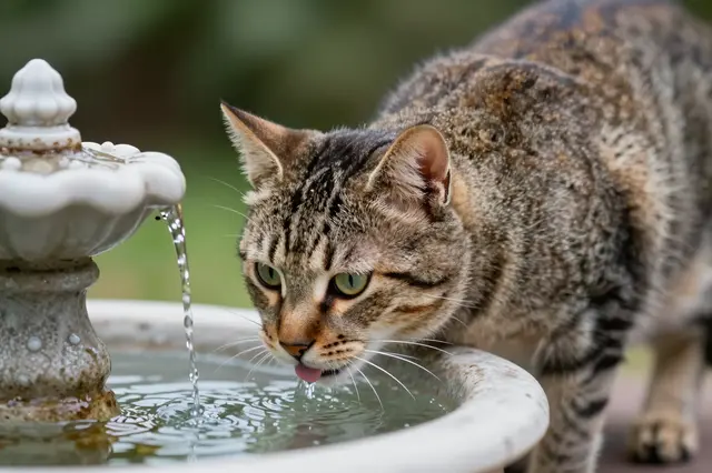 A brown tabby cat licks water from a small ornate garden fountain.