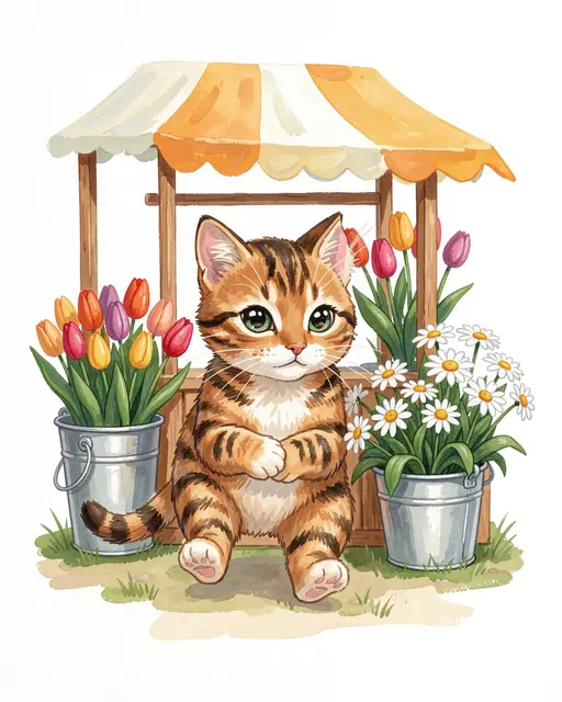 Cute tabby cat sits in front of a small flower stall with metal buckets of tulips and daisies