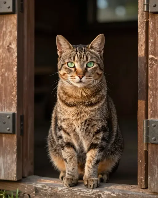 Brown tabby cat with bright green eyes sits in an open wooden barn doorway in warm evening light