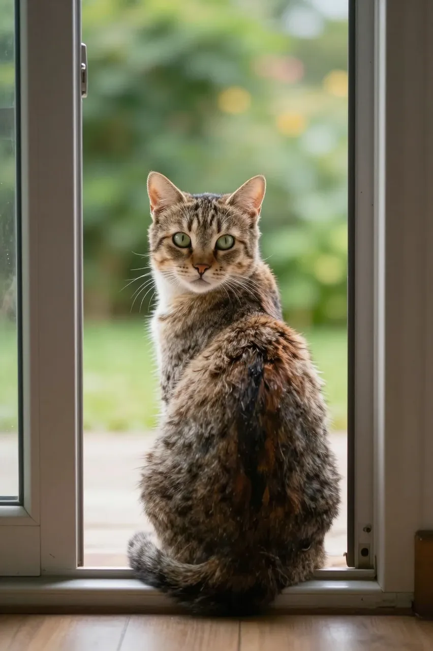 A tabby cat sits in an open sliding glass doorway, looking back toward the camera with a blurred garden behind it.