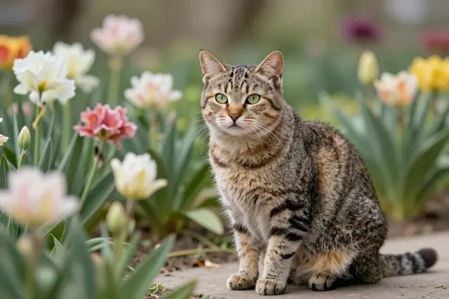 A tabby cat with green eyes sits on a garden path surrounded by blooming tulips.
