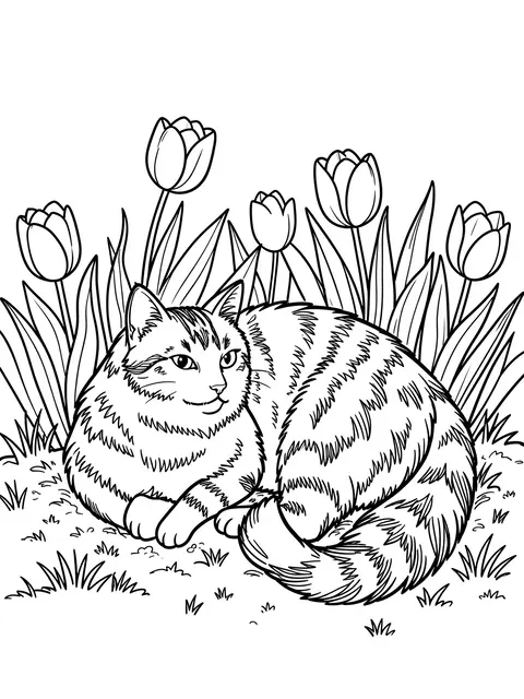Black and white line art of a fluffy tabby cat lying among tulips on a plain white background