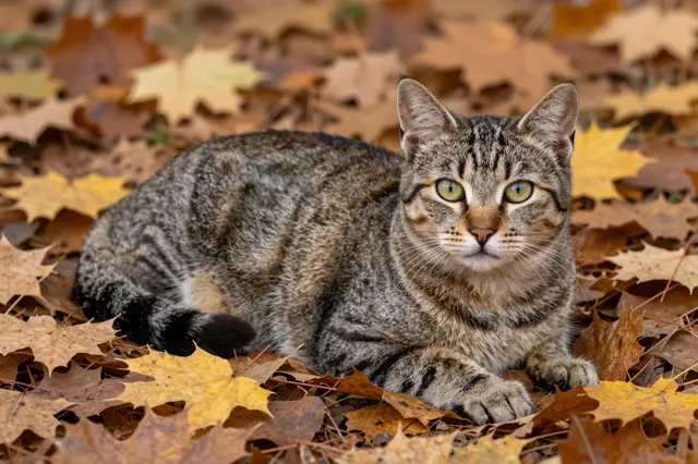 A tabby cat with green eyes lies calmly on a bed of fallen autumn maple leaves looking at the camera