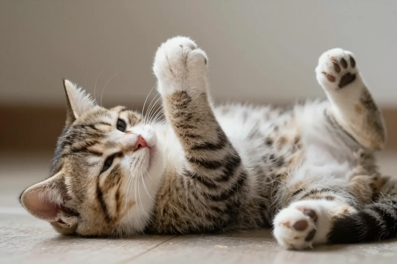 A relaxed tabby and white cat lies on its back on a wooden floor with raised paws.