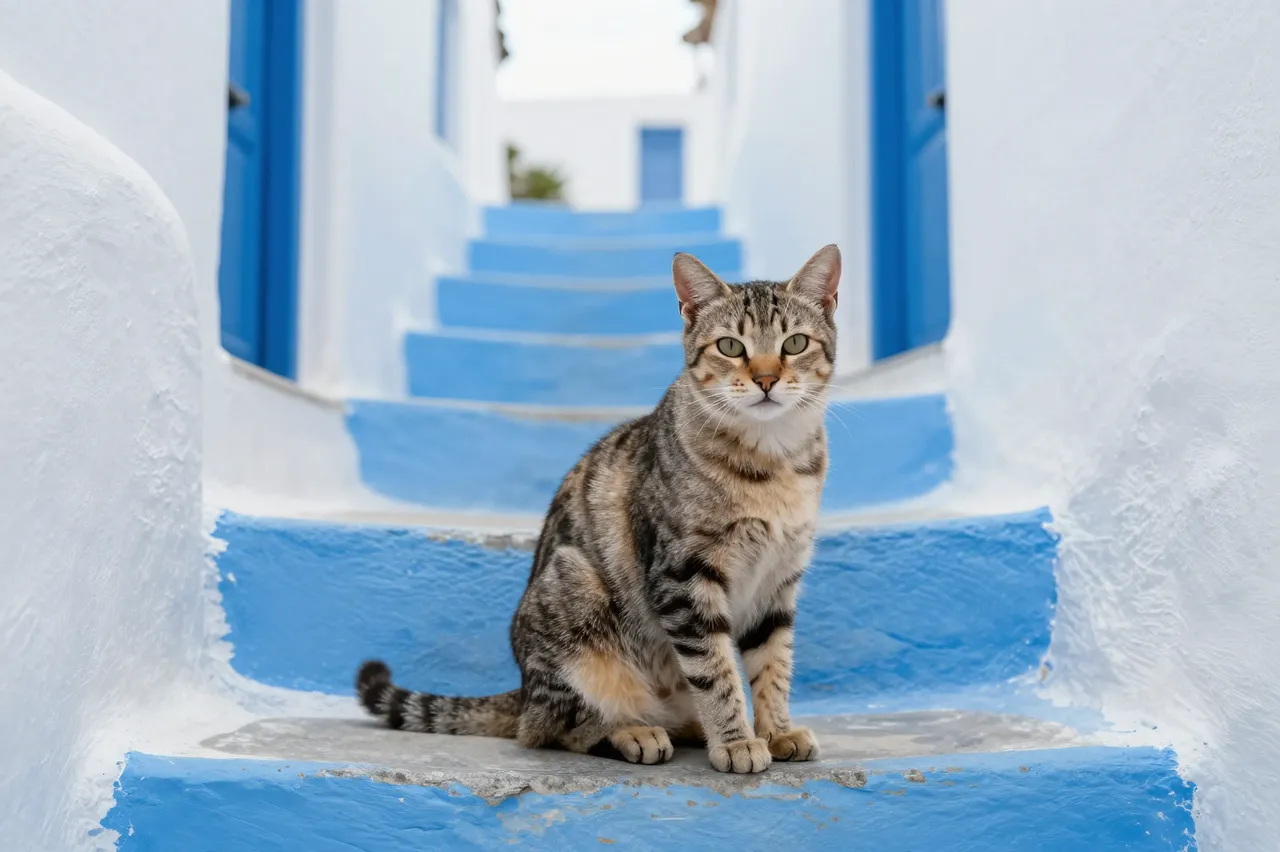 A tabby cat sits calmly on bright blue steps between whitewashed island village walls