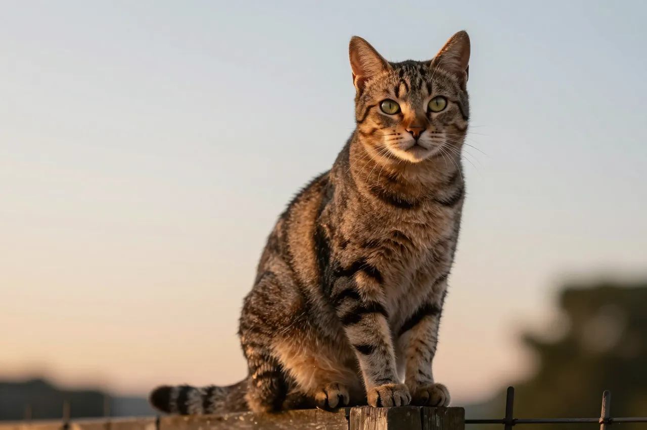 Brown tabby cat sits upright on a wooden fence post looking toward the camera during golden hour sunset