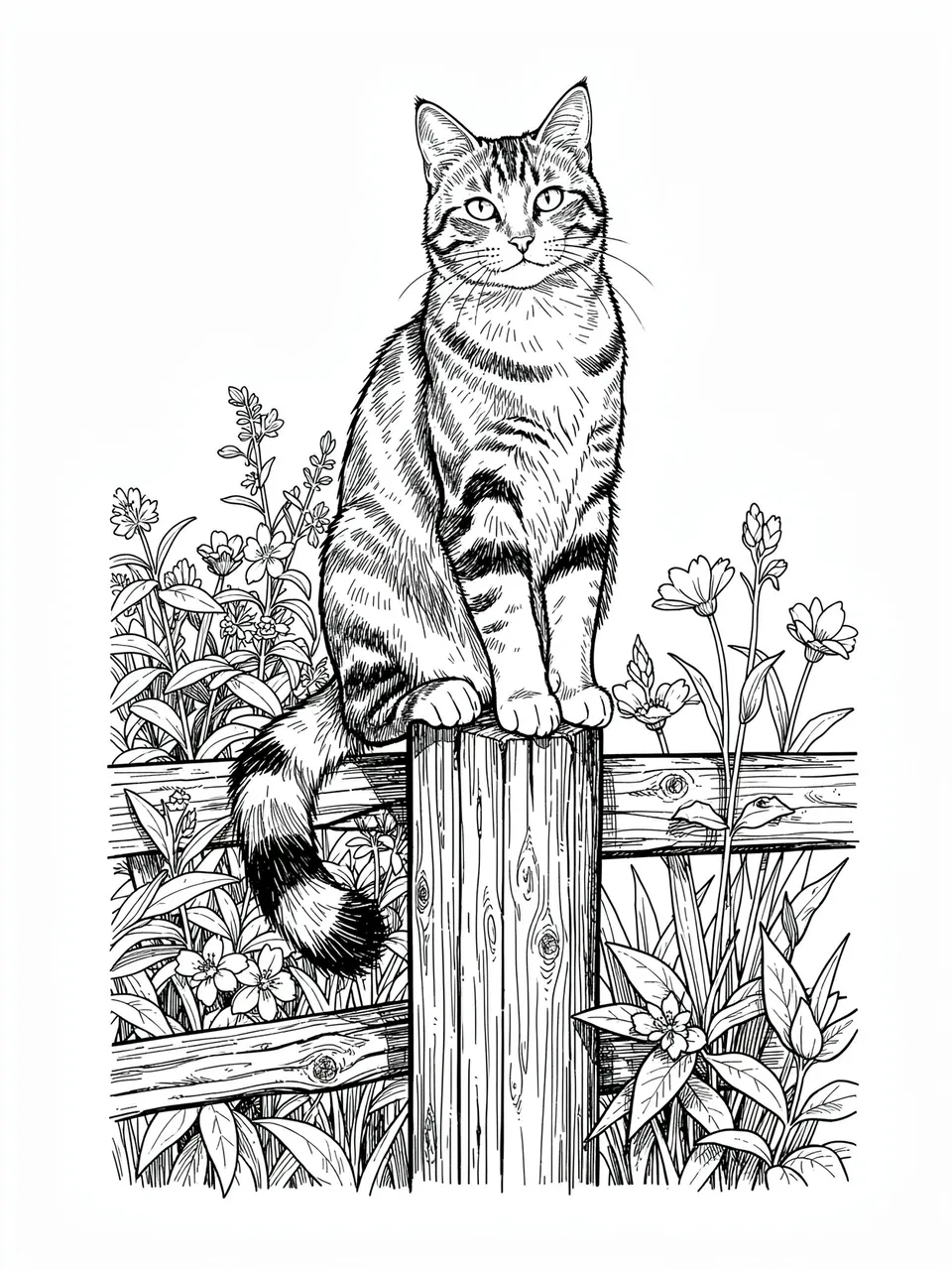 Pen and ink line art of a tabby cat perched on a wooden garden fence post surrounded by garden flowers