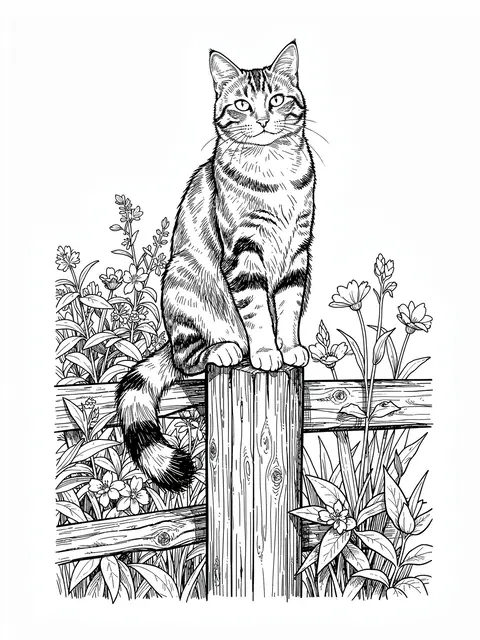 Pen and ink line art of a tabby cat perched on a wooden garden fence post surrounded by garden flowers