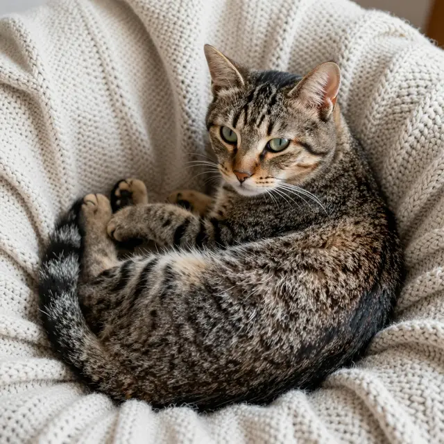 A relaxed tabby cat curled comfortably on a soft cream knitted blanket gazing toward the viewer