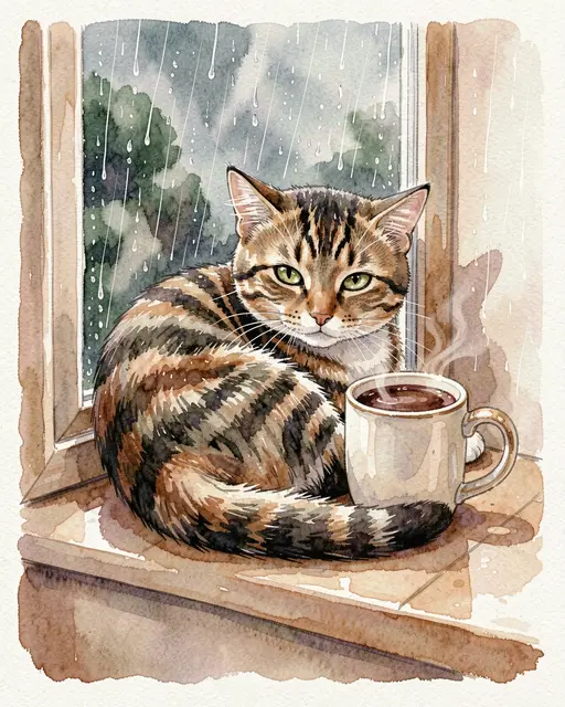 A curled tabby cat sits beside a steaming cocoa mug on a windowsill as rain streams down the glass.