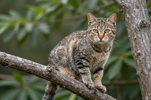 A tabby cat perches alert on a thick tree branch looking directly at the camera