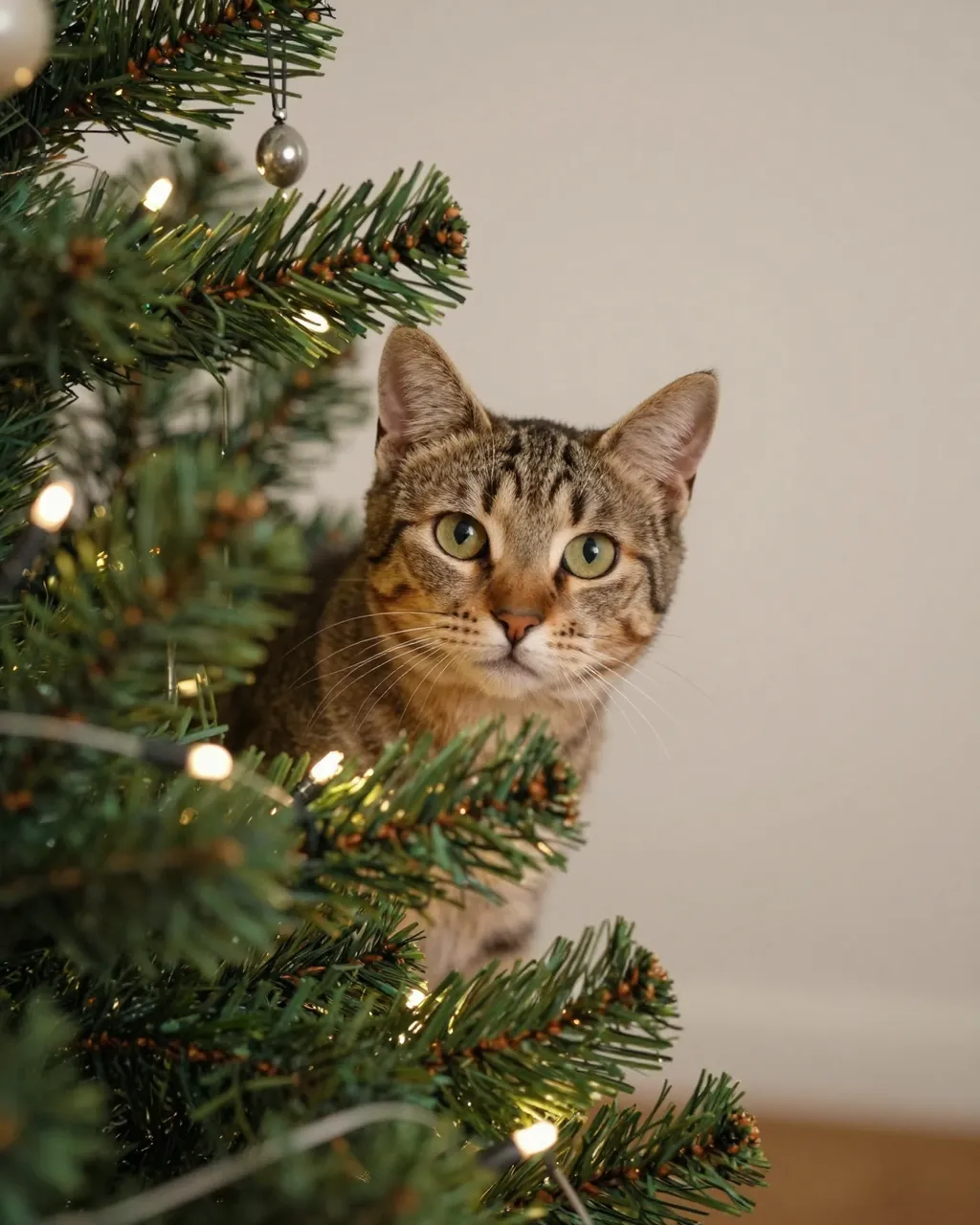 A tabby cat with green eyes peeks out from between lit Christmas tree branches.