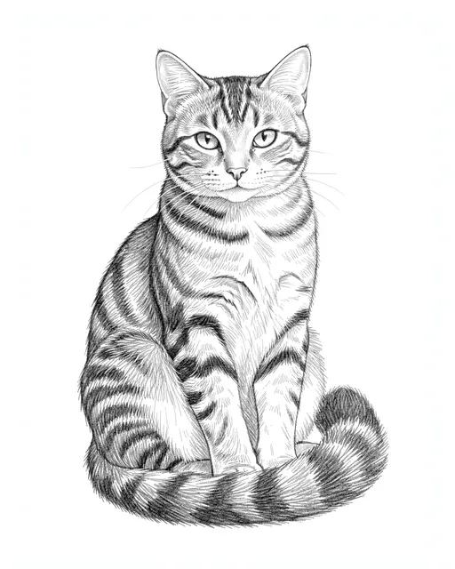 Detailed graphite pencil sketch of a sitting tabby cat with its tail curled around its front paws