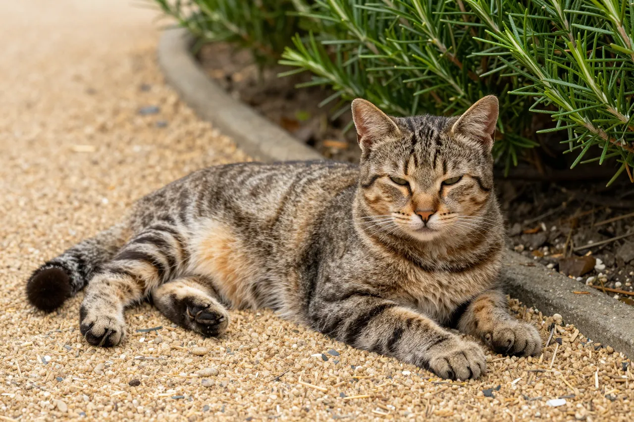 A brown tabby cat lies relaxed on a gravel path beside green rosemary bushes with half closed eyes