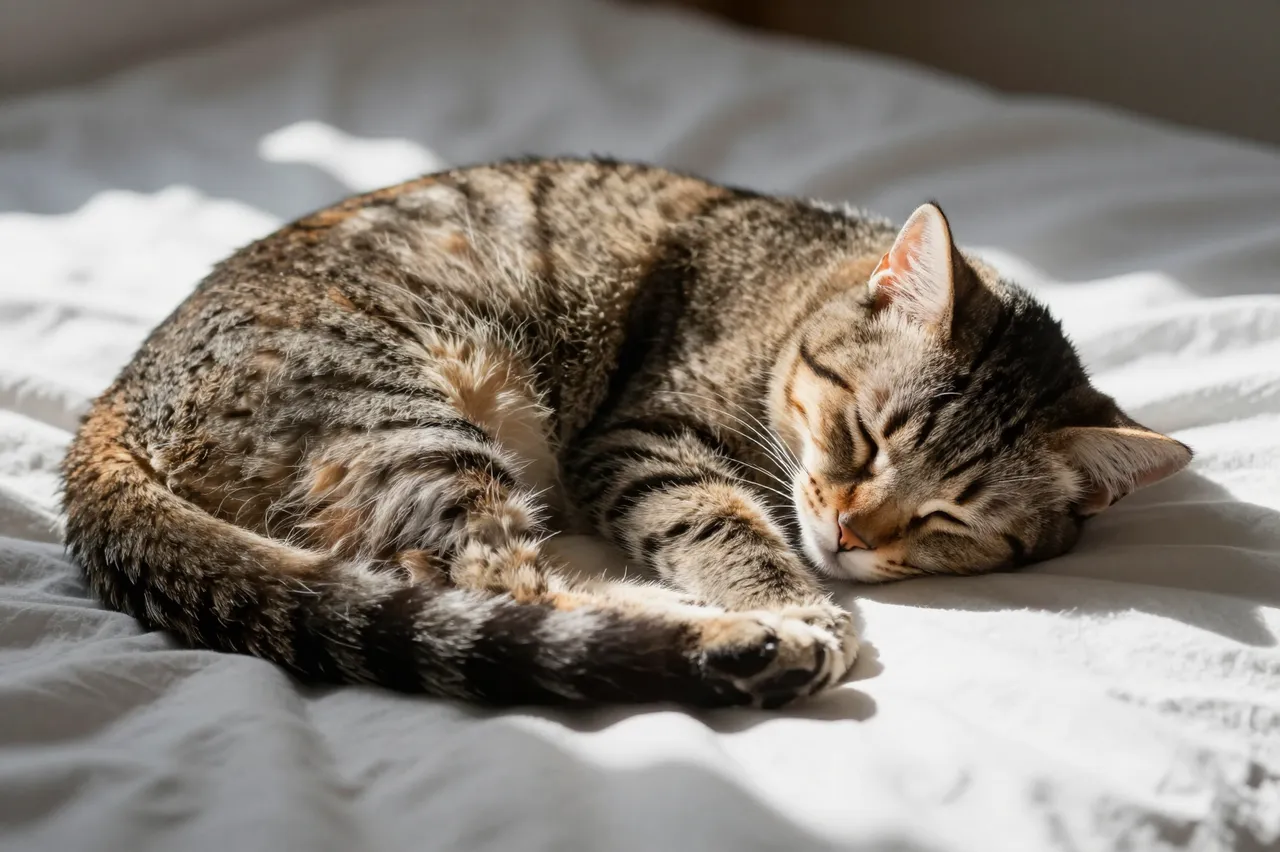 A striped tabby cat curls peacefully while asleep in warm sunlight on a soft white bed sheet.