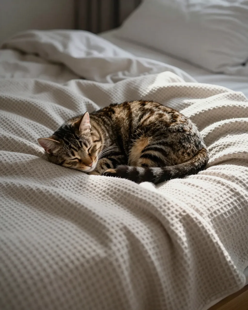 A tabby cat curled asleep on a waffle knit bed blanket in soft morning light