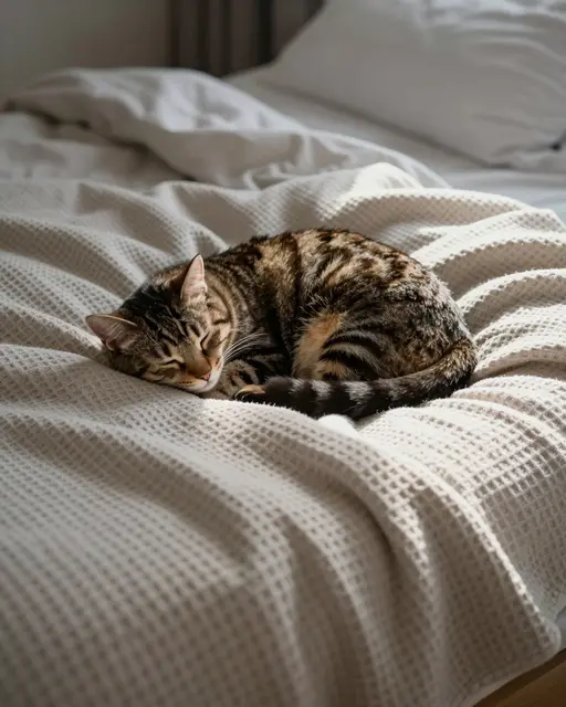 A tabby cat curled asleep on a waffle knit bed blanket in soft morning light