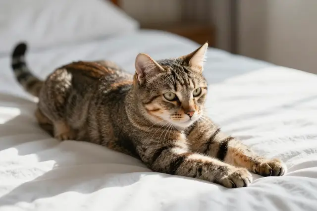 A tabby cat stretches with front legs extended while resting on sunlit white bed linens.
