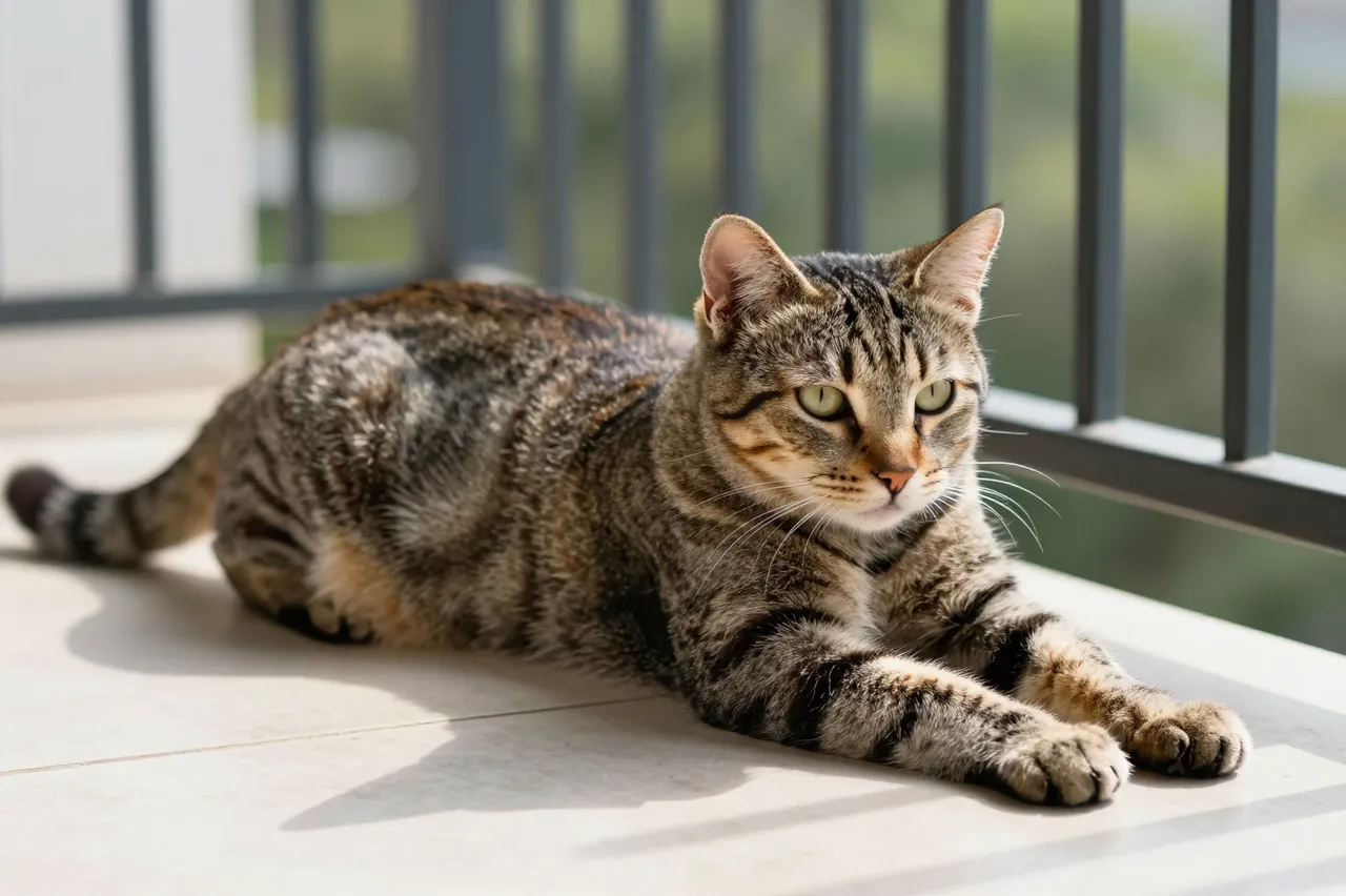 A tabby cat stretches out on a sunlit tiled balcony floor facing the camera