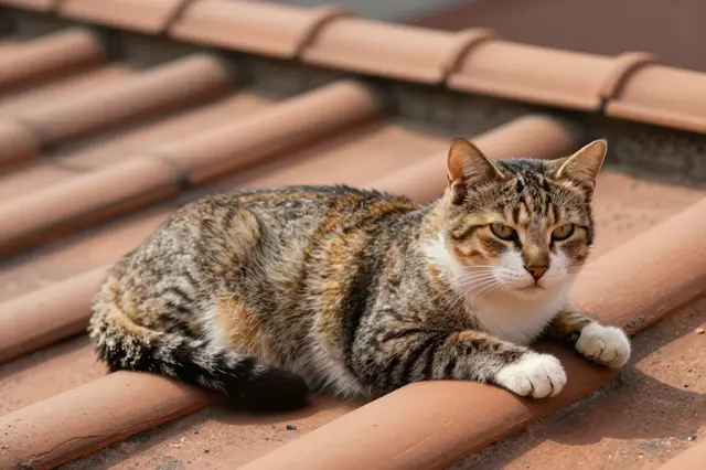 A tabby and white domestic cat rests on terracotta roof tiles in bright sunlight.