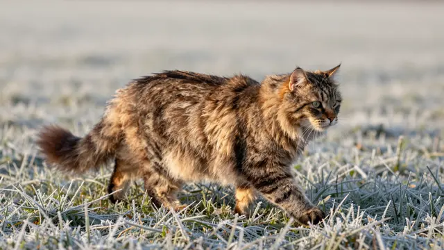A longhaired brown tabby cat walks slowly across frost-covered grass at sunrise.