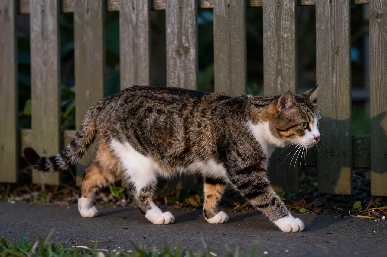 A tabby and white domestic cat walks along a paved path beside a weathered wooden picket fence at dusk