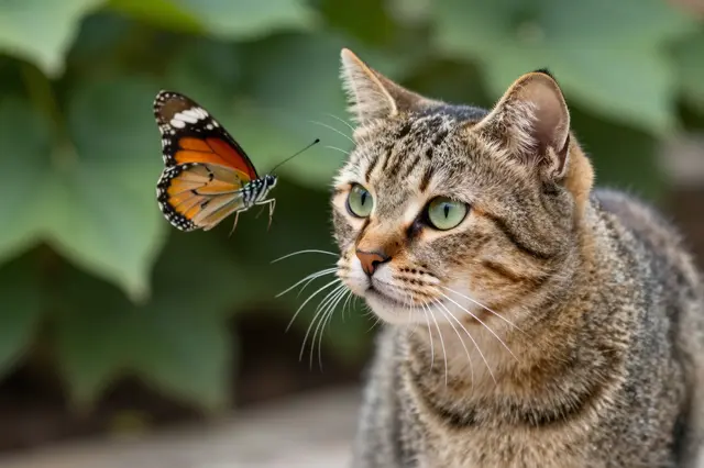 A tabby cat with green eyes intently watches an orange butterfly hovering near its face in a summer garden