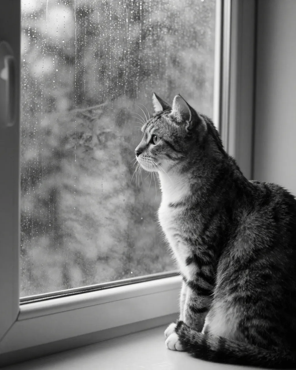 Black and white tabby cat sits on a windowsill looking out at raindrops running down window glass