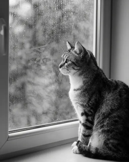 Black and white tabby cat sits on a windowsill looking out at raindrops running down window glass