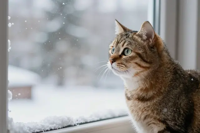 A fluffy tabby cat sits indoors looking out a frosted window at falling winter snow.