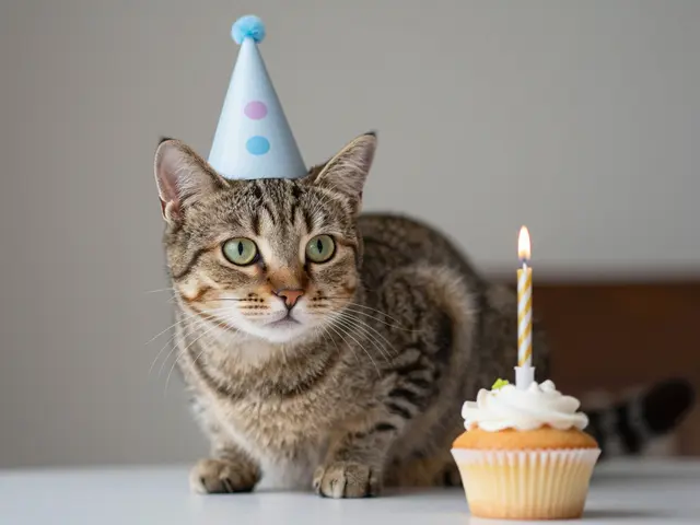 A tabby cat wearing a tiny party hat sits beside a frosted cupcake with a lit birthday candle.